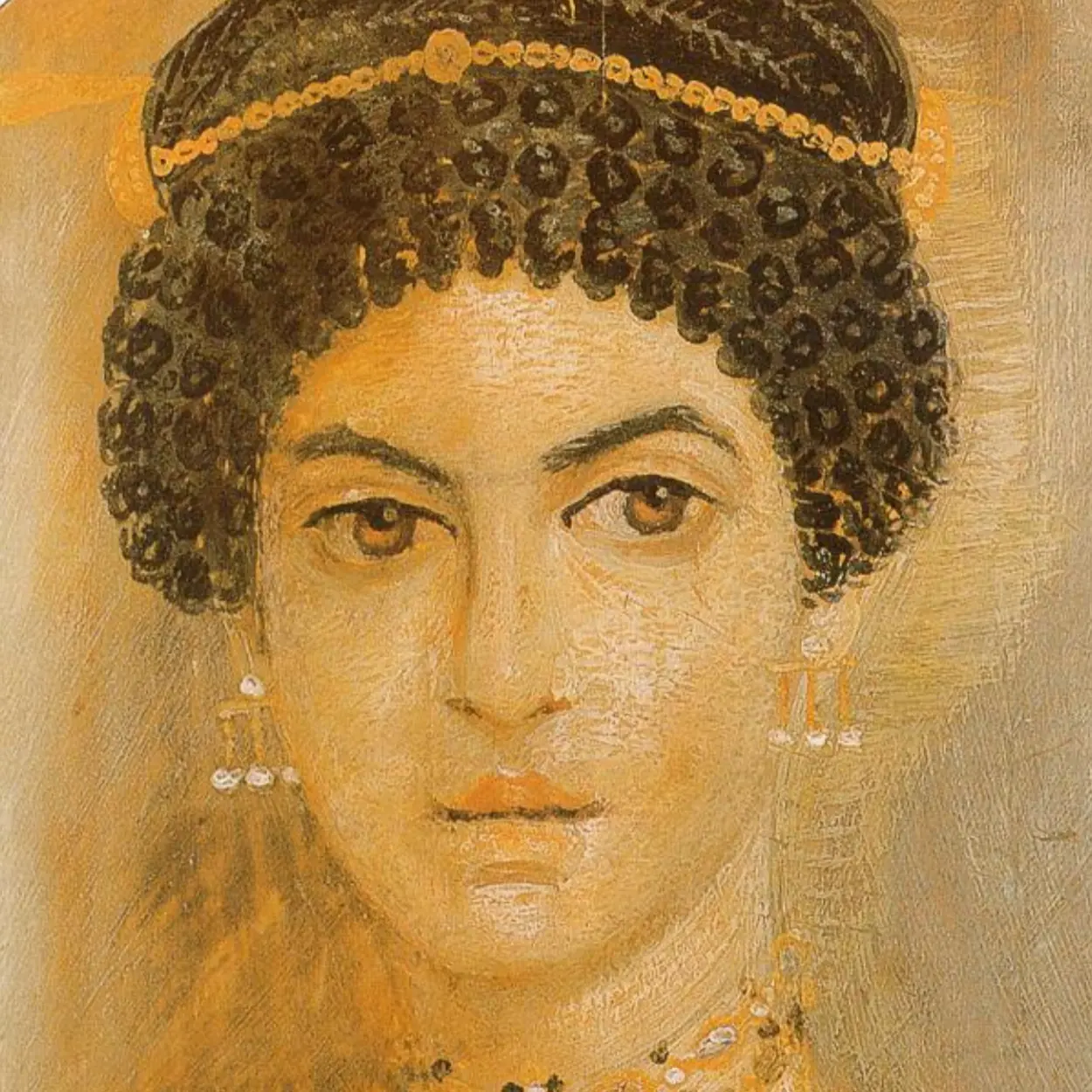 Fayum mummy portrait of a woman with gold jewellery